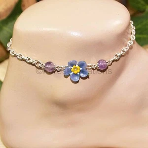 Forget Me Not Anklet - Hand Sculpted from Polymer Clay - A Summer Flower - Picture 1 of 4