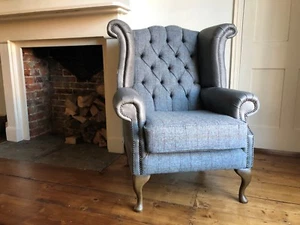 Chesterfield Queen Anne Wing Back Chair Harris Tweed Grey & Vintage Grey Leather - Picture 1 of 7