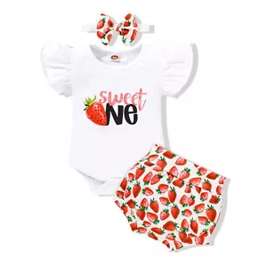 Baby Girl 1st Birthday Outfit Ruffle Romper Shorts Headband Cake Smash Set - Picture 1 of 7