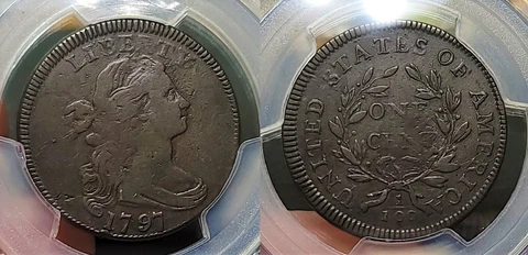 1797 Draped Bust Large Cent S-137 Rev of '97 Stems 1C PCGS F Detail Rim Repaired Cover