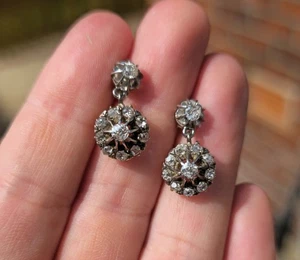 Antique Victorian natural 1.6ct Diamond Daisy Flower Drop Earrings 9ct Gold - Picture 1 of 4