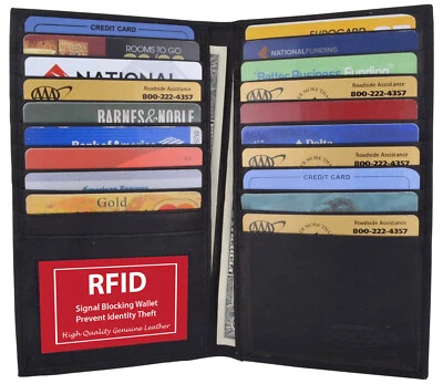 Cartera plegable de cuero marrón con bloqueo RFID para hombre con soporte para chequera de 19 tarjetas de identificación  Foto 1 de 4