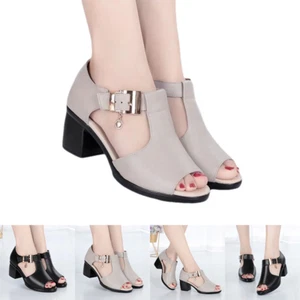 Ladies Sandals Summer Rhinestone Mid Block Heels Peep Toe Slippers Casual Shoes - Picture 1 of 8