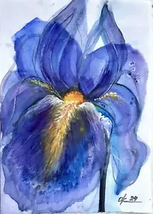 Original Watercolor Canvas Blue Iris still life Blue bouquet Decor flowers A4 - Picture 1 of 8