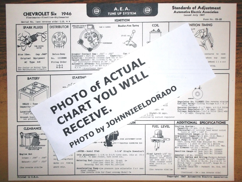 Chevrolet Series Fleetmaster Fleetline 1946 modelos Stylemaster AEA tabla de afinación Foto 1 de 1