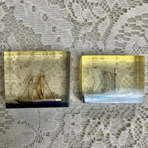 Lot of 2-1950s Vintage, Rare, Acrylic Lucite Gold Sailboat-Ship Paperweight - Picture 1 of 12