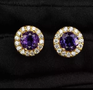 Orecchini Halo Zaffiro Viola Oro 24k + Argento Sterling Massiccio .925 11mm IN TUTTO - Foto 1 di 4
