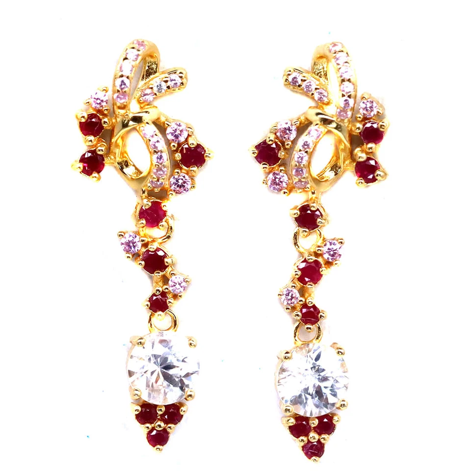 Plata de ley 925 6 mm. Pendientes de circón blanco, rubí rojo y zafiro rosa Foto 1 de 4
