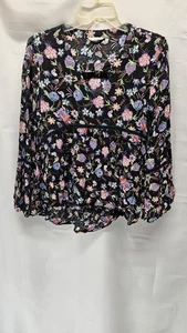 Damen-Top Baumwolle blau Größe Medium schwarz Blumenmuster Glockenärmel V-Ausschnitt - Bild 1 von 6