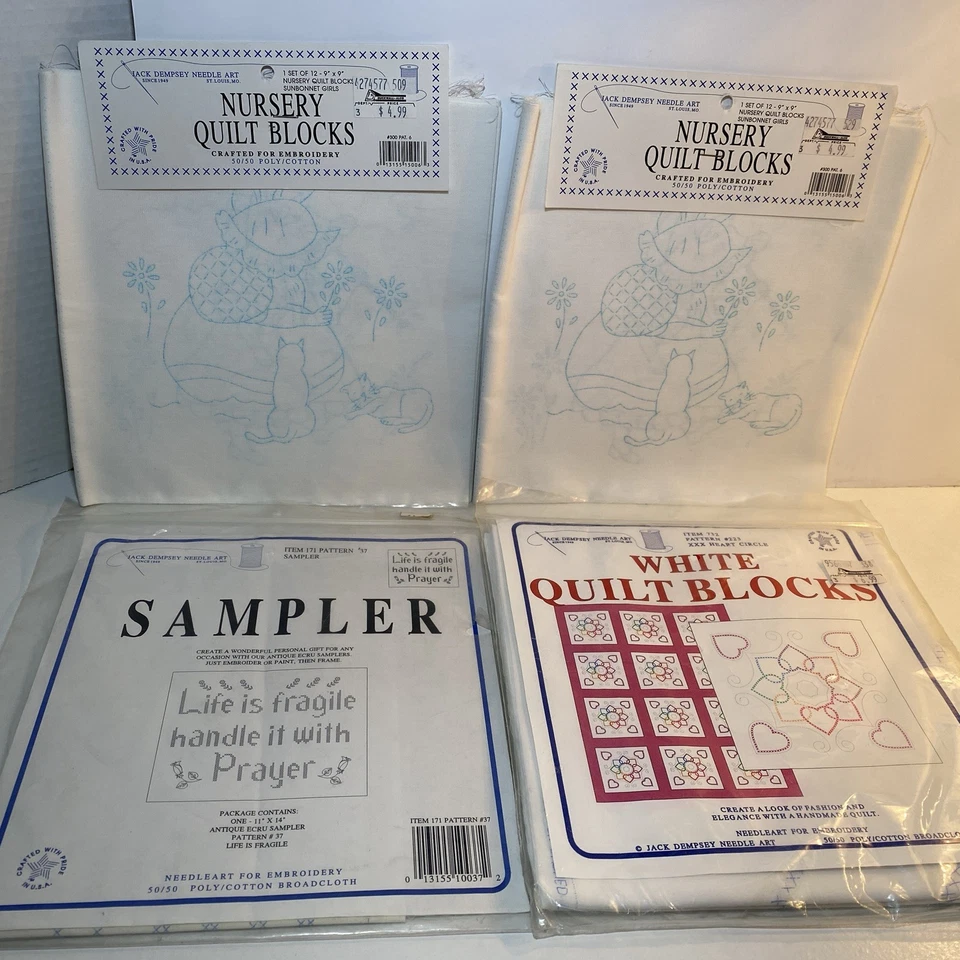 Quilt Blocks (Lot of 4) - Jack Dempsey Nursery Rhymes, Hearts, Life Is Fragile.. - Image 1 of 4