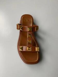 Auth Valentino Tan Brown Roman Stud Calfskin Slide Sandal 35 mm in size 41