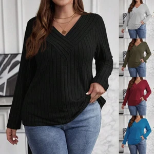 PLUS SIZE ⭐ Ladies Long Sleeve V Neck RIBBED Pullover Tunic Tops T-shirts Jumper - Picture 1 of 21