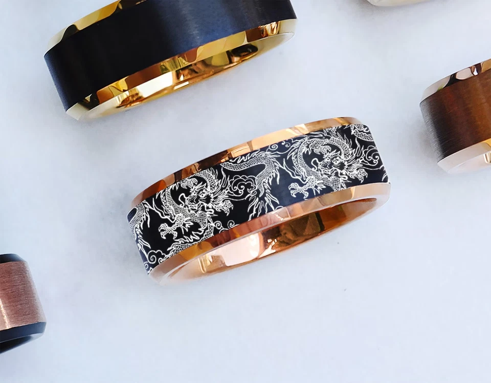 Men's Engraved Black Tungsten Traditional Dragon Wedding Promise Band Ring - 8mm - Image 1 of 1