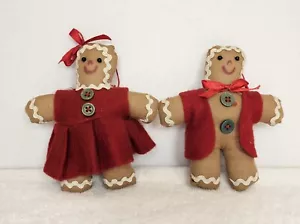Gingerbread Couple Christmas Tree Ornaments Handmade Fabric Felt Embellished 5" - Picture 1 of 4