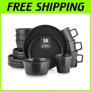 Modern 16-Piece Stoneware Dinnerware Set with Ergonomic Mugs - Black Matte - Picture 1 of 11