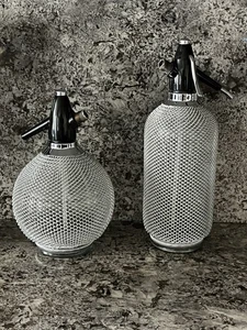 2-Vtg 15-1/2” & 6-1/2” Soda Siphon Seltzer Glass Bottles w/Wire Mesh Bar Décor - Picture 1 of 15