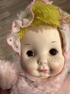 Vintage 1983 Ideal 14" Baby'sThumbelina Doll Plush Pink- Yellow Yarn Hair 14" - Picture 1 of 7