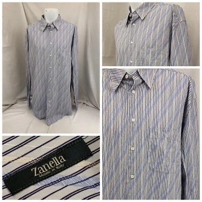 Zanella Shirt XLT Blue Tan Stripe Long Sleeve Button-up Cotton Italy YGI P2-593 - Image 1 of 4
