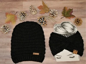 2 For One Price! Black Slouchy Hat plus Twist Hdbnd Beanie Boho Women's Winter  - Picture 1 of 3