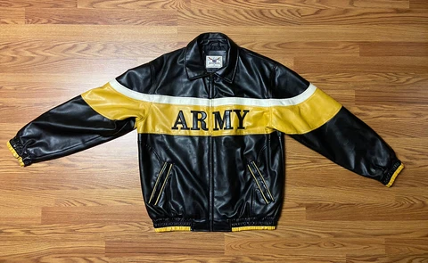Medium Vintage Army Black Knights Leather Jacket Zipper Big Logo Oarsman Cover
