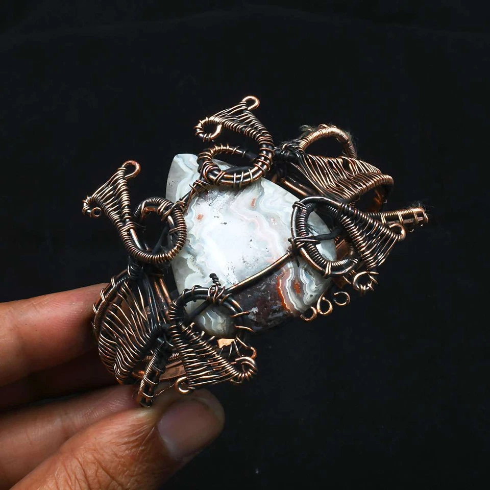 Brazalete de alambre de cobre hecho a mano étnico de ágata de encaje loco joyería 50 Gms SB 778 Foto 1 de 1