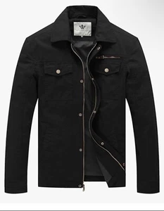 WenVen Men's Casual Canvas Cotton Military Lapel Jacket Black Size S - Picture 1 of 7