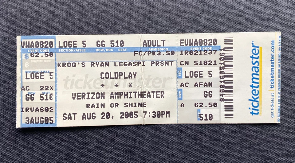 Coldplay Ticket Stub Verizon Amphitheatre 8-20-2005 - Image 1 of 2