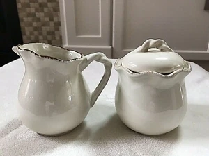 Village Collection Creamer & Sugar Bowl Cream/Brown Scallop Rim by Park Designs - Picture 1 of 6