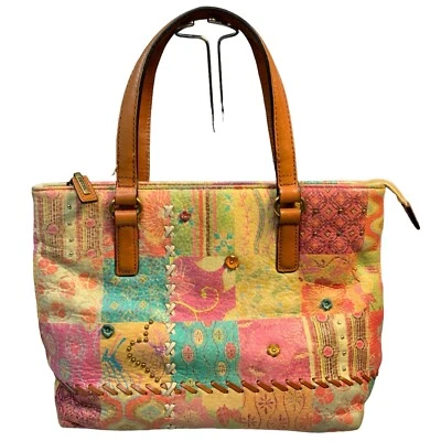 Cartera vintage fósil parche trabajo cuero doble asa marrón rosa azul Foto 1 de 4