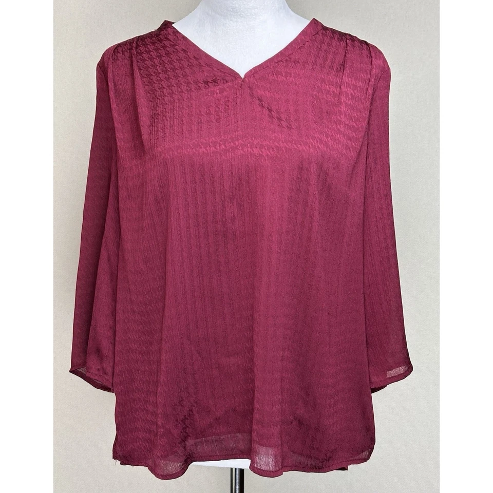 Blusa para mujer Liz Claiborne talla S borgoña cuello en V manga 3/4 forrada carrera informal Foto 1 de 4
