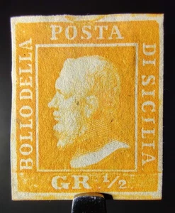 RARO SELLO SICILIA ITALIA 1859 1/2gr FERDINAND MUY FINO COMO NUEVO CLÁSICO Sc #10g CYR4 - Imagen 1 de 12