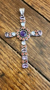 Nicky Butler Large Sterling Silver Multi Gemstones 3.25" Cross Pendant Statement - Picture 1 of 5