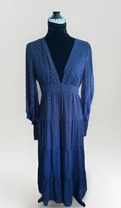 Madewell Navy Clip Dot V Neck Midi Dress Tiered Tie Sleeve Boho Prairie Size 8 - Picture 1 of 12