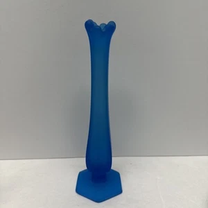 Westmoreland Swung Vase Blue Satin Frosted Glass, Bud Vase, Hexagonal Base 9” - Picture 1 of 5