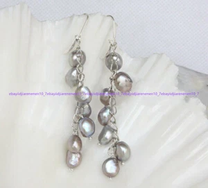 Natural 8-9mm Gray Freshwater Baroque Pearl Cluster Dangle Leverback Earrings AA - Picture 1 of 12