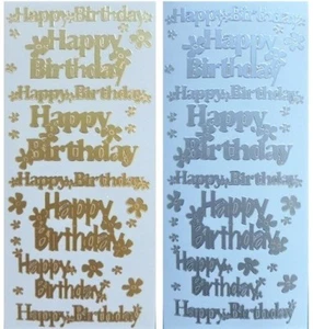 HAPPY BIRTHDAY Peel Off Stickers Flowers Sentiments Card Making Gold or Silver - Picture 1 of 3