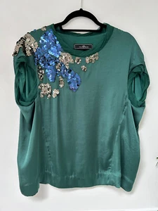 BY MALENE BIRGER Green Silky Blouse Blue & Silver Sequin Detail DK34 UK8-10 - Picture 1 of 13