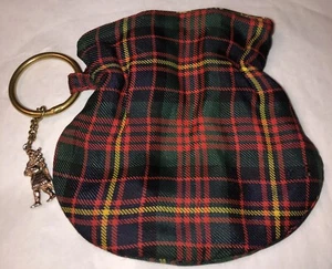Vintage Tartan Plaid Silky Pouch Keychain W/ Bagpipe Player Charm Great Britain - Picture 1 of 5