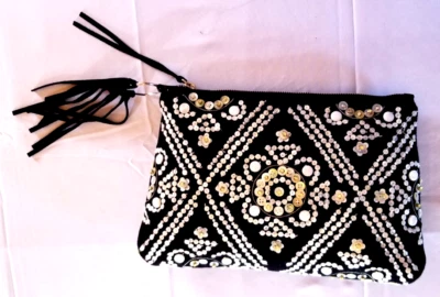 Bolso sin asas Sam Edelman Anastasia madreperla lentejuelas negro blanco con cuentas Boho Foto 1 de 4