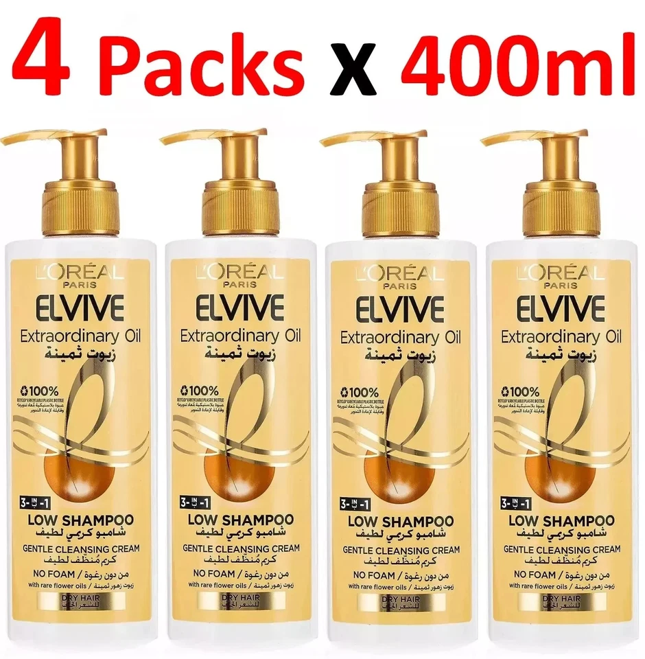 4X L'Oréal Paris Elvive Extraordinary Oil Low Shampoo No Foam For Dry Hair 400ml - Image 1 of 4