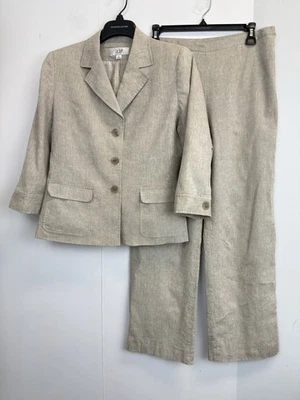 Le Suit Blazer Pants 2-Pc Set Womens 10P Tan Linen Blend Jacket Wide Leg Lined - Image 1 of 4