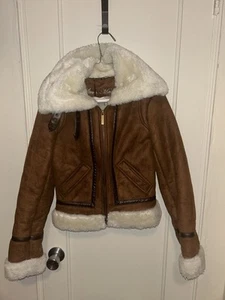 Abrigo Steve Madden de gamuza de cuero para mujer pequeño cuello forrado de piel tostada vintage años 90 - Imagen 1 de 5
