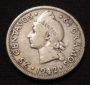 1942 dominican republic 25 centavos 1/4 peso silver world indian head type coin - Picture 1 of 2