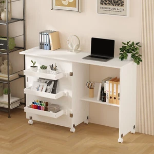 2in1 Nähtisch Nähschrank auf Rollen Nähmaschinentisch Klappbar Schreibtisch Weiß - Bild 1 von 14