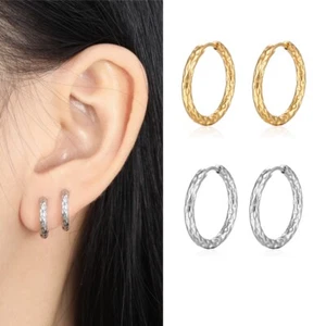 Pair Hammered Stainless Steel Huggies Hoop Earrings Tarnish Resistant - Picture 1 of 3