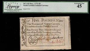 NC-143 Colonial Currency North Carolina December 1771 £5 5 Pounds Legacy 45 - Picture 1 of 2