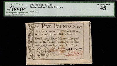NC-143 Colonial Currency North Carolina December 1771 £5 5 Pounds Legacy 45 - Image 1 of 2