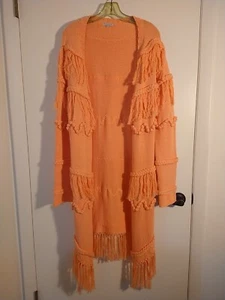 BOHO Coral Fringe Heavy Full Length Open Front Cardigan Sweater Sz M MAHIYA - Picture 1 of 9