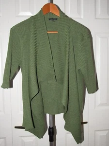 Eileen Fisher Green Ribbed Knit Merino Wool Open Cardigan Sweater M - Picture 1 of 4