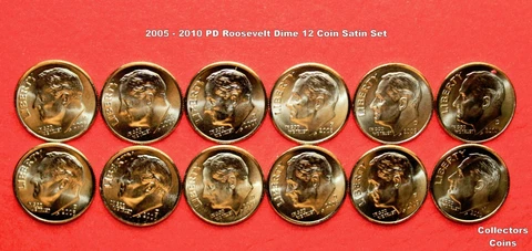2005, 2006, 2007, 2008, 2009 & 2010 Roosevelt Dime PD 12 "Satin" Strike Coin Set Cover